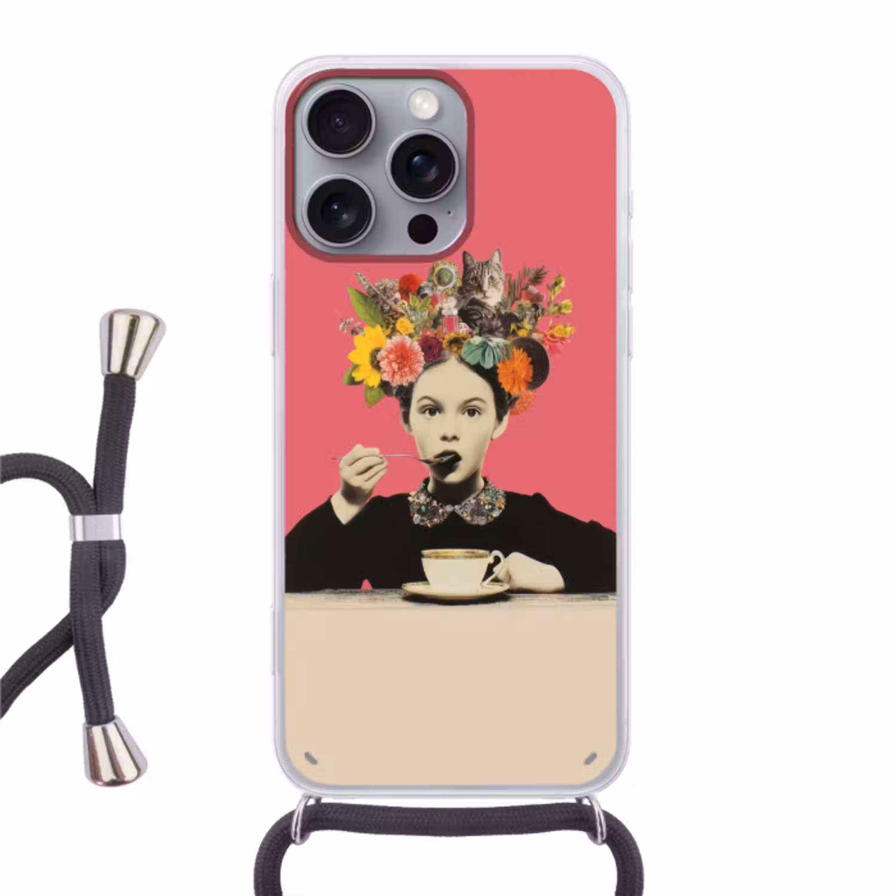 Meisje - Kopje - Bloemen - Roze Hoesje iPhone 16 Pro Max met koord klein -3d