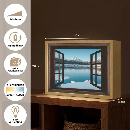 Doorkijk - Winterlandschap - Meer - Bergen - Uitzicht Light Box met batterij (Wandlamp) middel -USP_websiteoverzichtNL