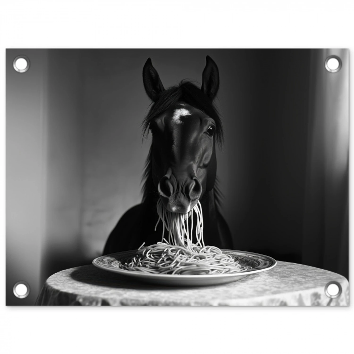 Paard - Bord - Pasta - Tafelkleed - Zwart Wit - Dieren tuinposter los doek klein -3d