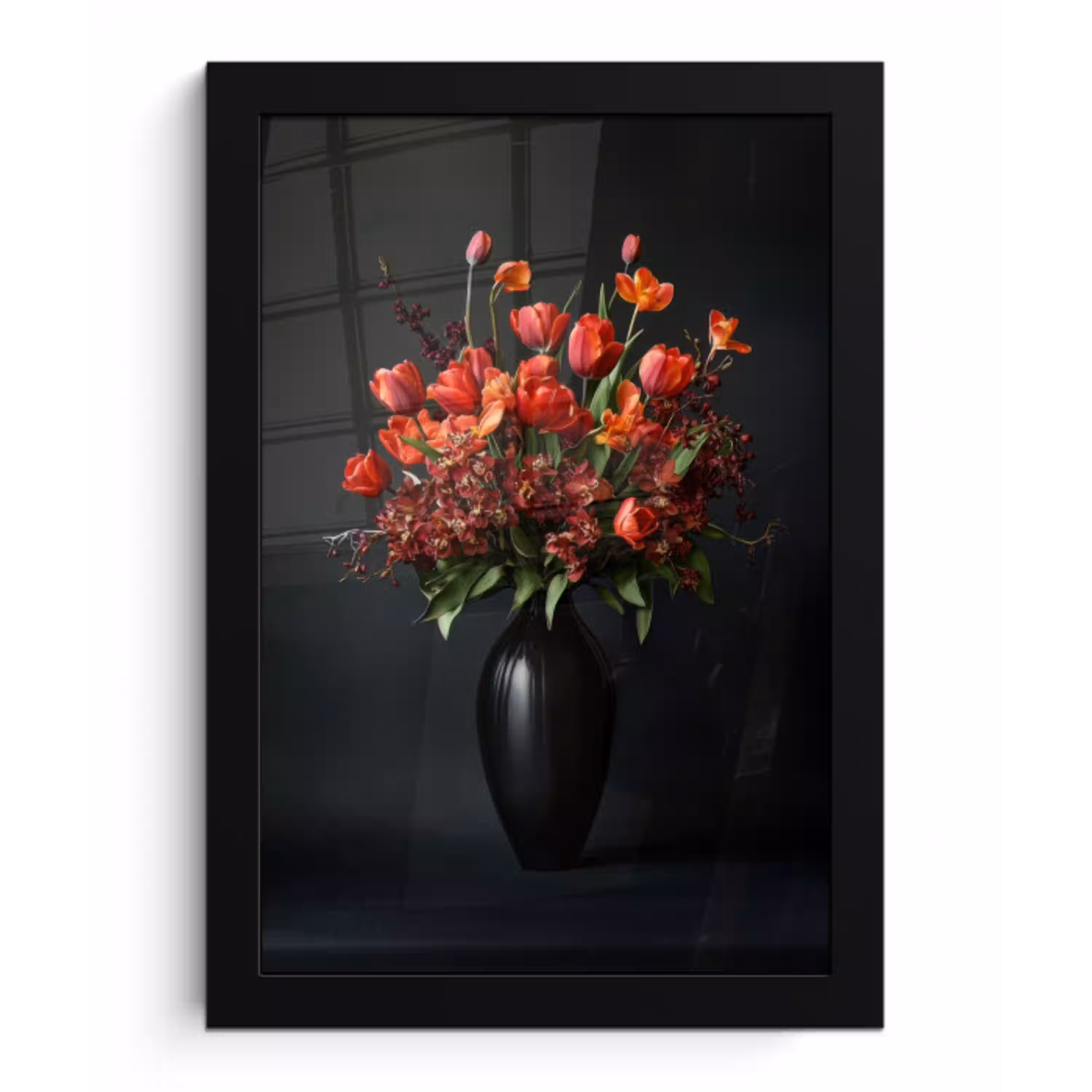 Boeket - Tulpen - Vaas - Rood fotolijst zwart zonder passe partout klein -3d