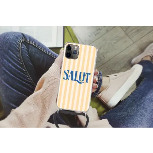 Salut - Quote - Strepen - Geel - Blauw - Wit Hoesje iPhone 12 Pro met koord klein -hand