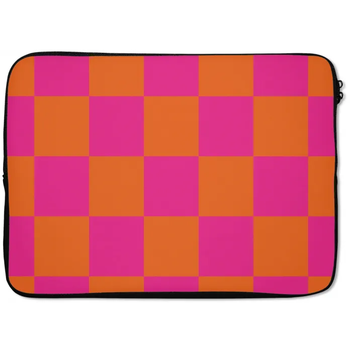 Schaakbord print - Oranje - Roze - Blokjes laptophoes neopreen klein -zkaufland3dotto