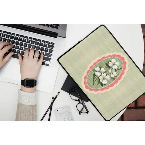 Bloemen - Illustratie - Geruit - Groen laptophoes neopreen klein -bureau