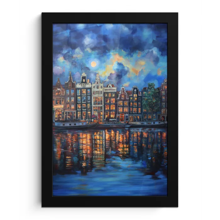 Grachten Amsterdam - Huizen - Stad - Kleurrijk fotolijst zwart zonder passe partout klein -3d