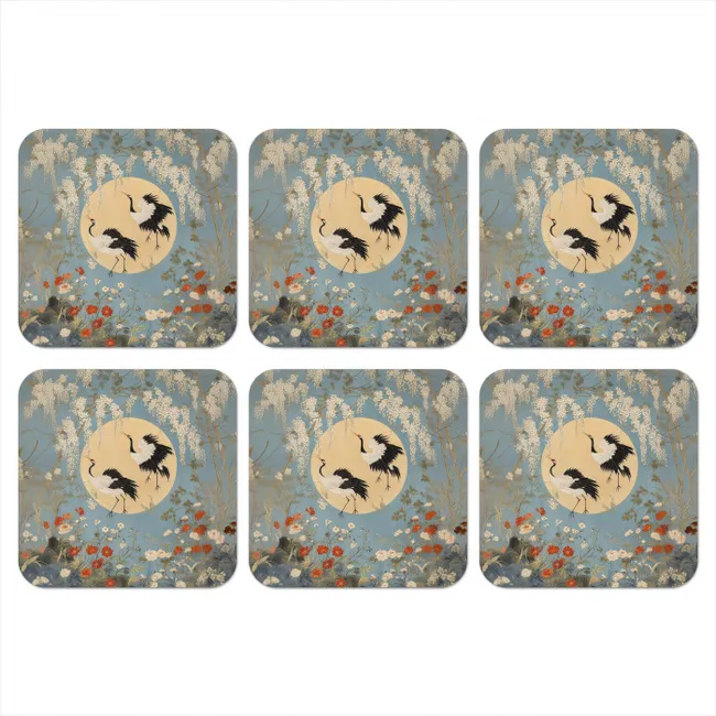 Onderzetter - Kraanvogels - Maan - Bloemen - Blauw