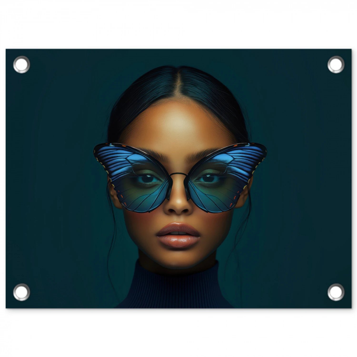 Vrouw - Vlinder - Bril - Blauw - Modern - Portret tuinposter los doek klein -3d