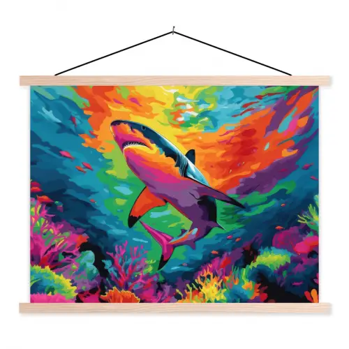 Haai - Koraalrif - Abstract - Kleurrijk textielposter latten blank klein -3d