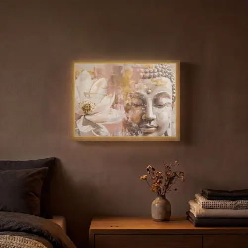 Buddha - Bloem - Goud - Roze - Abstract Light Box met batterij (Wandlamp) middel -sfeer4