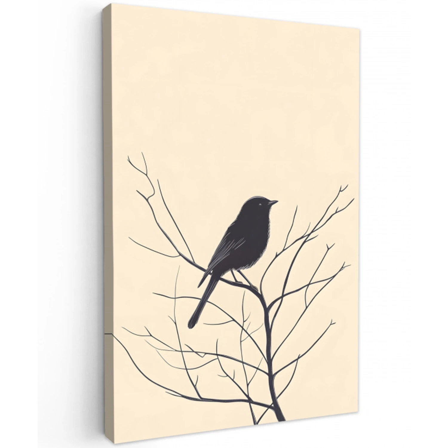 Vogel - Zwart - Tak - Minimalistisch Tuinposter op houten frame 2 cm dik middel -3d