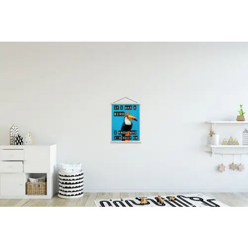 Vogel - Toekan - Blauw - Quotes textielposter latten blank klein -kinderkamer