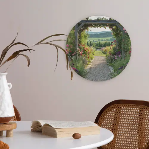 Doorkijk - Landschap - Natuur - Tuinboog - Bloemen Akoestische PET Vilt - Rond klein -sfeer3