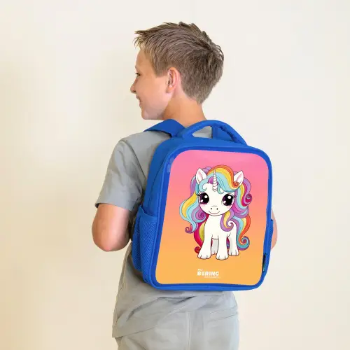 Kleine eenhoorn met regenboog kleuren Kinderrugzak - Blauw middel -sfeer2