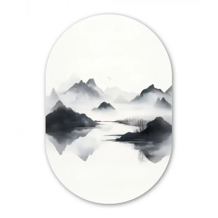 Bergen - Mistig - Water - Wit Wandcirkel Ovaal Glas middel -3d