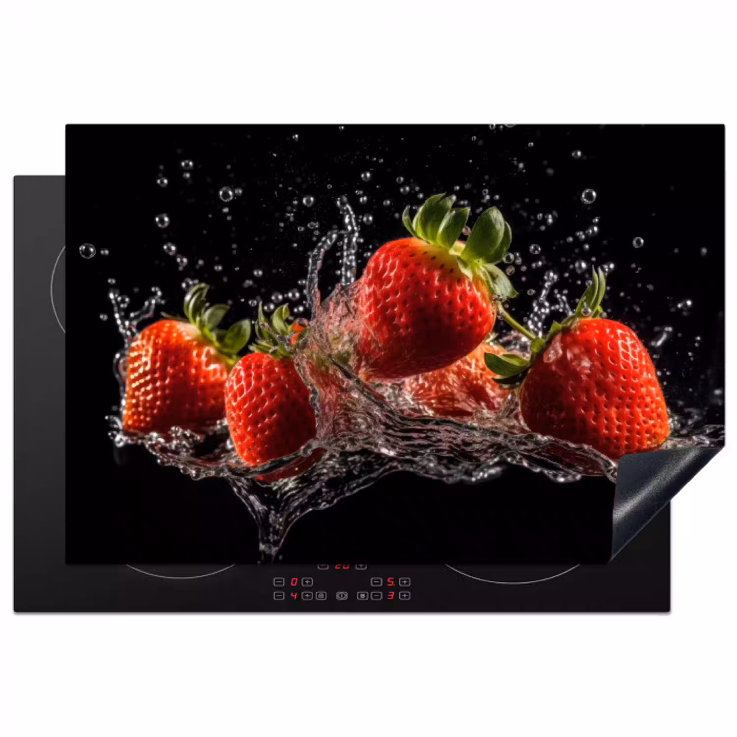 Aardbeien - Fruit - Rood - Water - Zwart Inductie beschermer vinyl 3mm klein -3d