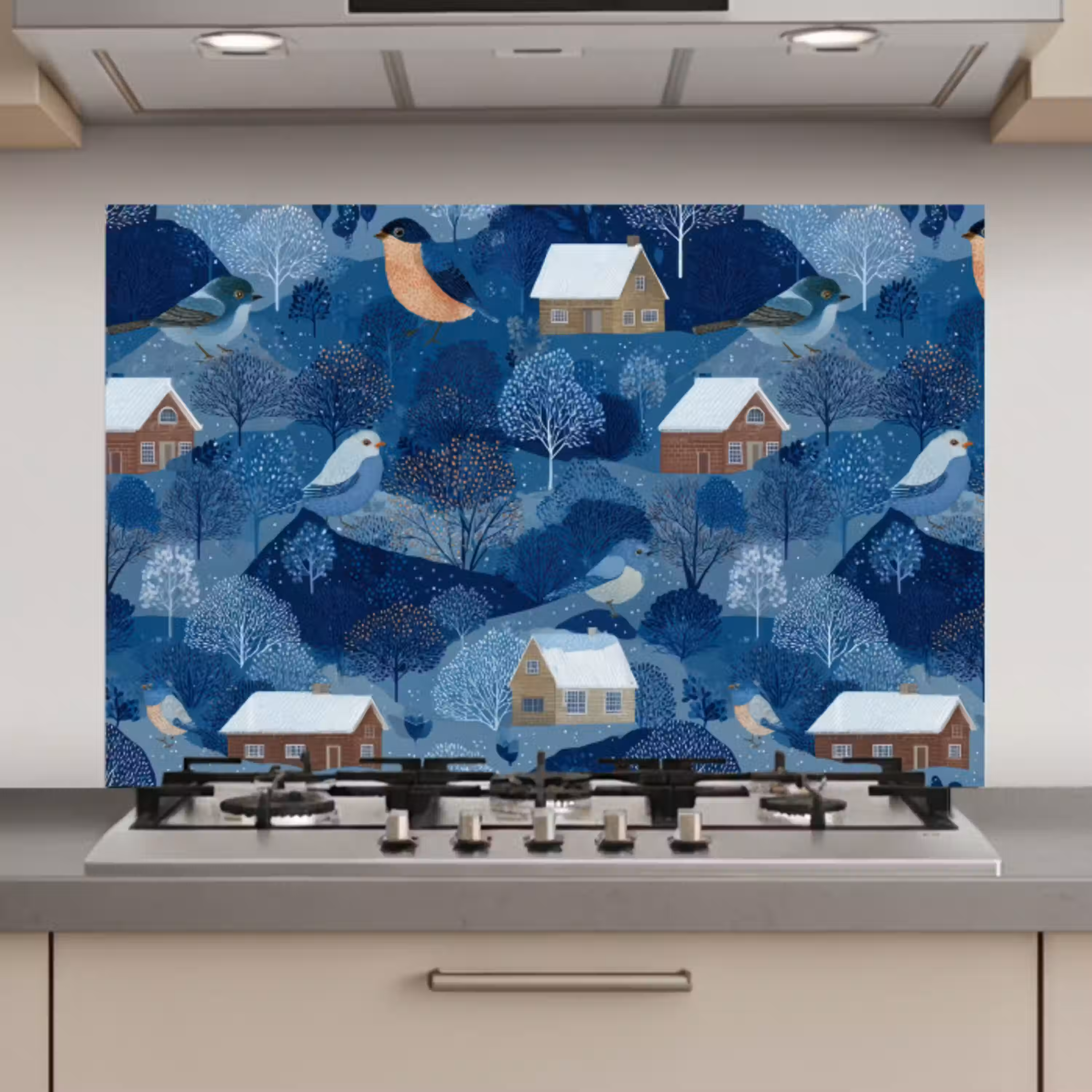 Huisjes - Vogels - Sneeuw - Winter - Blauw keuken achterwand spatscherm klein 900 -3d_website