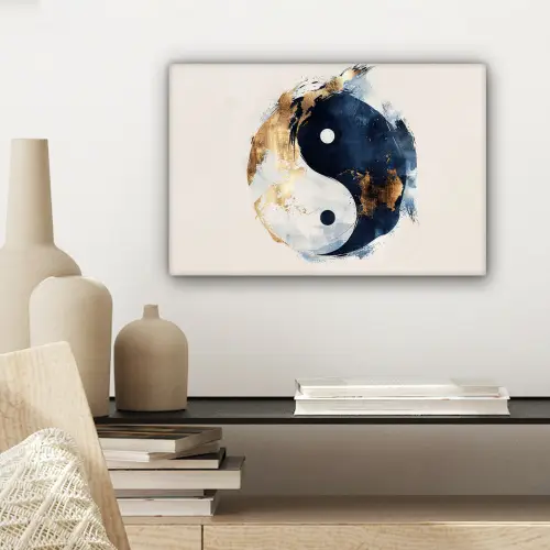 Yin Yang - Abstract - Zwart - Wit - Goud canvas 2cm klein -sfeer6