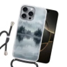 Bos - Meer - Mist - Natuur - Grijs Hoesje iPhone 16 Pro Max met koord klein -sfeer1