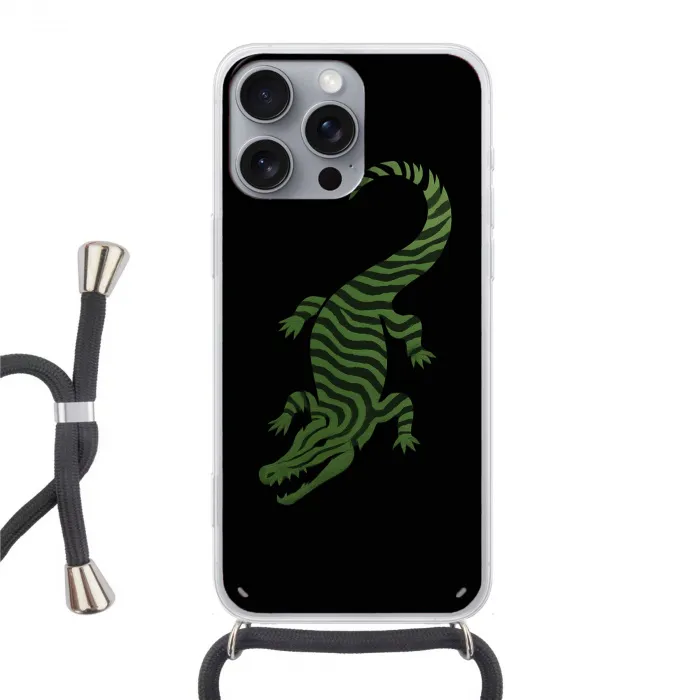 Krokodil - Groen - Tijgerachtig - Strepen Hoesje iPhone 16 Pro Max met koord klein -3d