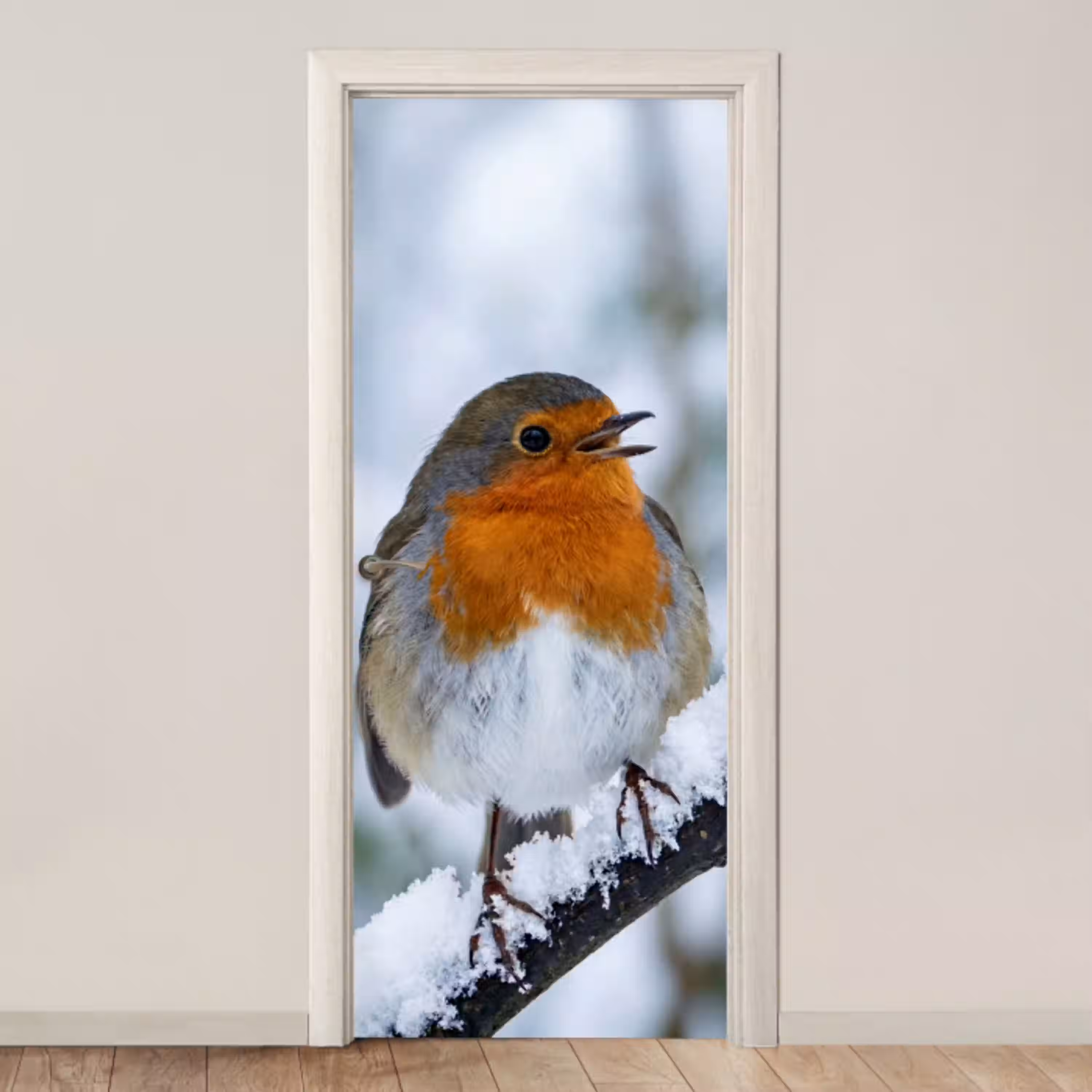 Roodborstje - Tak - Sneeuw - Winter - Levendig deurposter klein -3d_beige