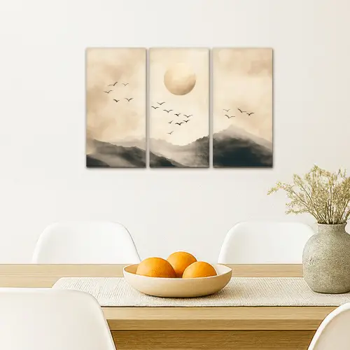 Landschap - Japandi - Beige - Vogels Canvas - Meerluiken 3 luik klein -sfeer4