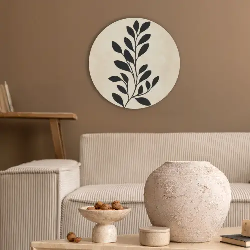 Minimalistisch - Tak - Bladeren - Zwart Akoestische PET Vilt - Rond klein -sfeer1
