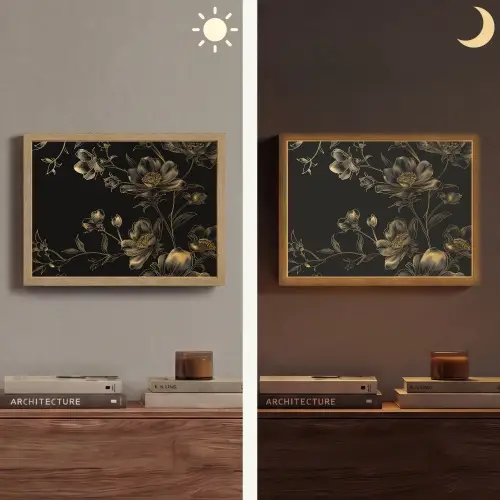 Bloemen - Zwart - Goud - Line art Light Box met batterij (Wandlamp) middel -sfeer3
