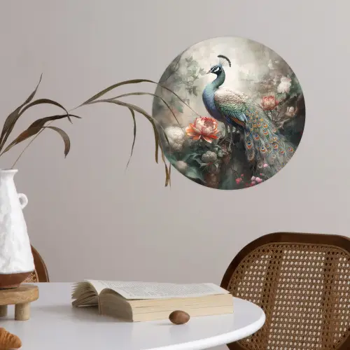 Pauw - Pauwenveren - Vogel - Jungle - Bloemen Wandcirkel behangsticker klein -sfeer3
