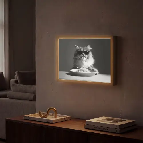 Langharige kat - Zonnebril - Spaghetti - Humor - Zwart - wit Light Box met batterij (Wandlamp) middel -sfeer1