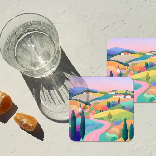 Landschap - Paars - Pastel - Huizen onderzetter kurk middel -sfeer4