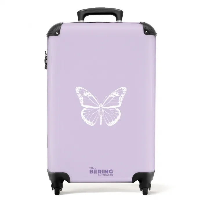 Paarse achtergrond met witte vlinder NBS - Handbagage koffer - Unisex middel -productfoto_recht