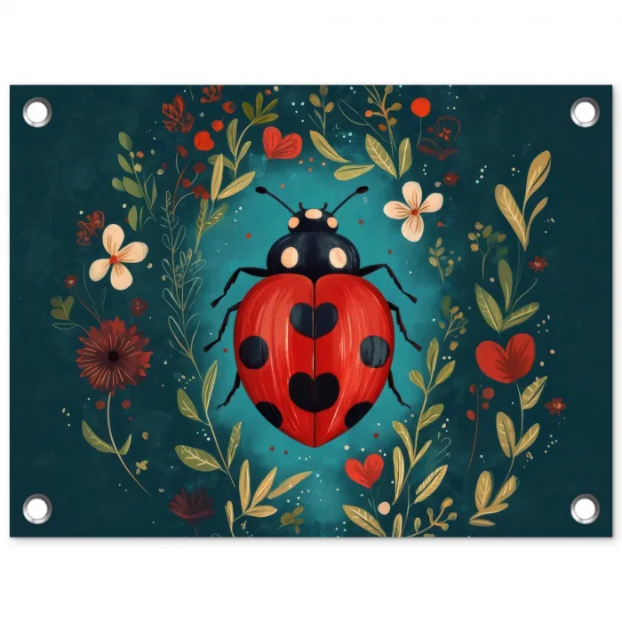 Bloemen - Lieveheersbeestje - Hartje - Rood tuinposter los doek klein -3d