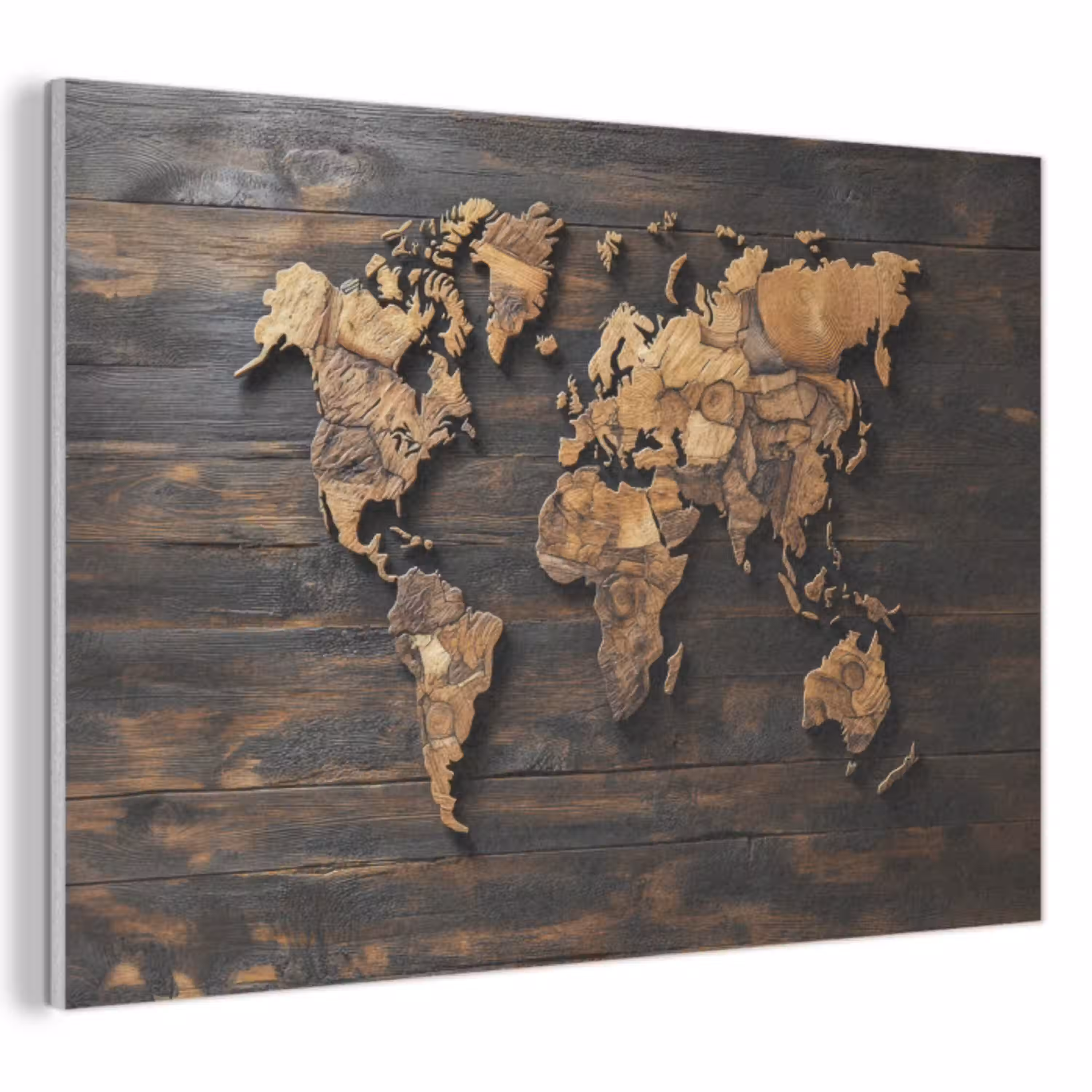 Wereldkaart -  Hout - Mozaïek PET vilt klein -3d
