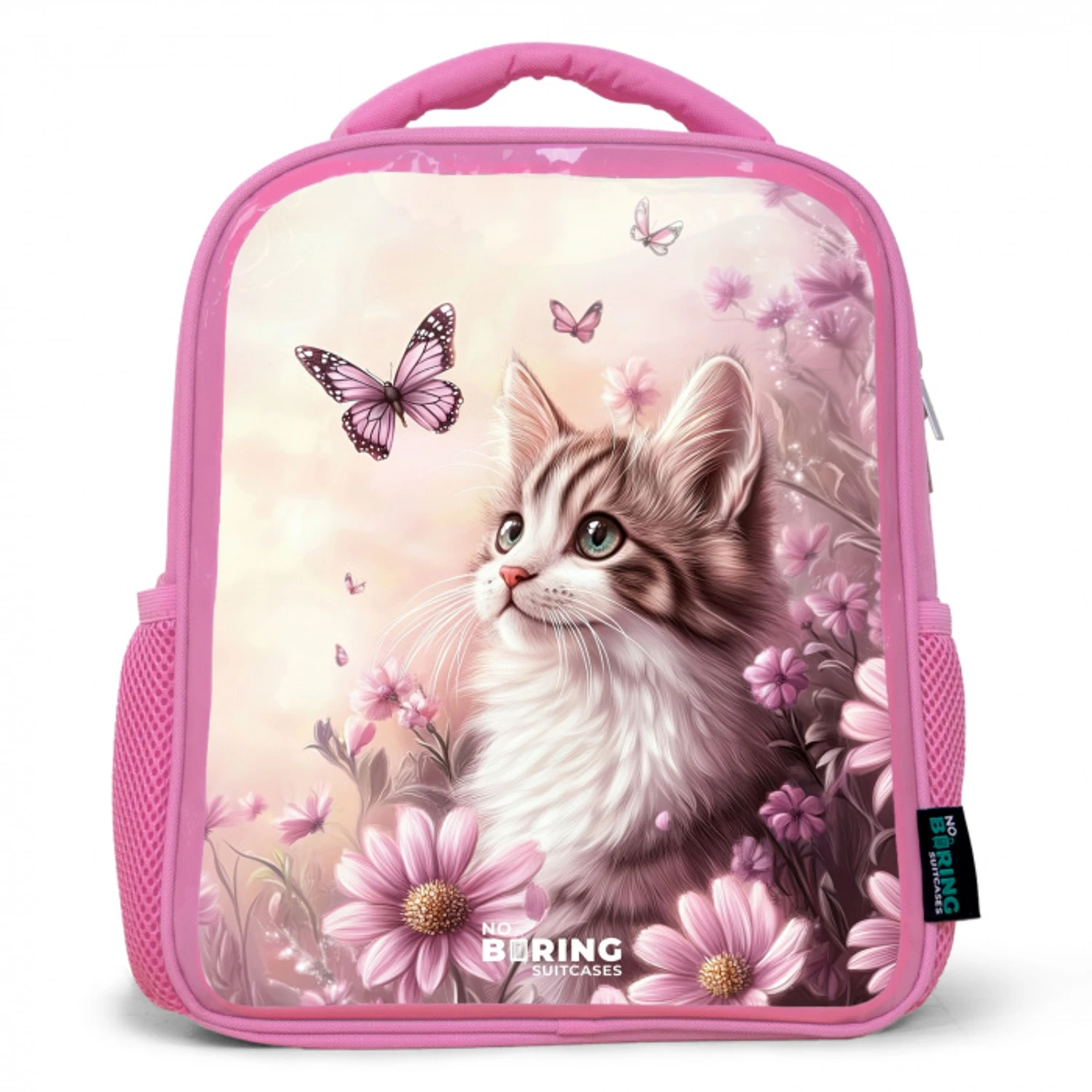 Kat - Paars - Vlinders - Bloemen Kinderrugzak - Roze middel -3d