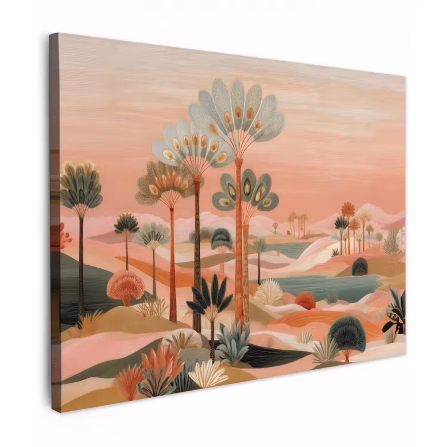 Leinwandbild - Rosa Landschaft - Palmen - Wasser