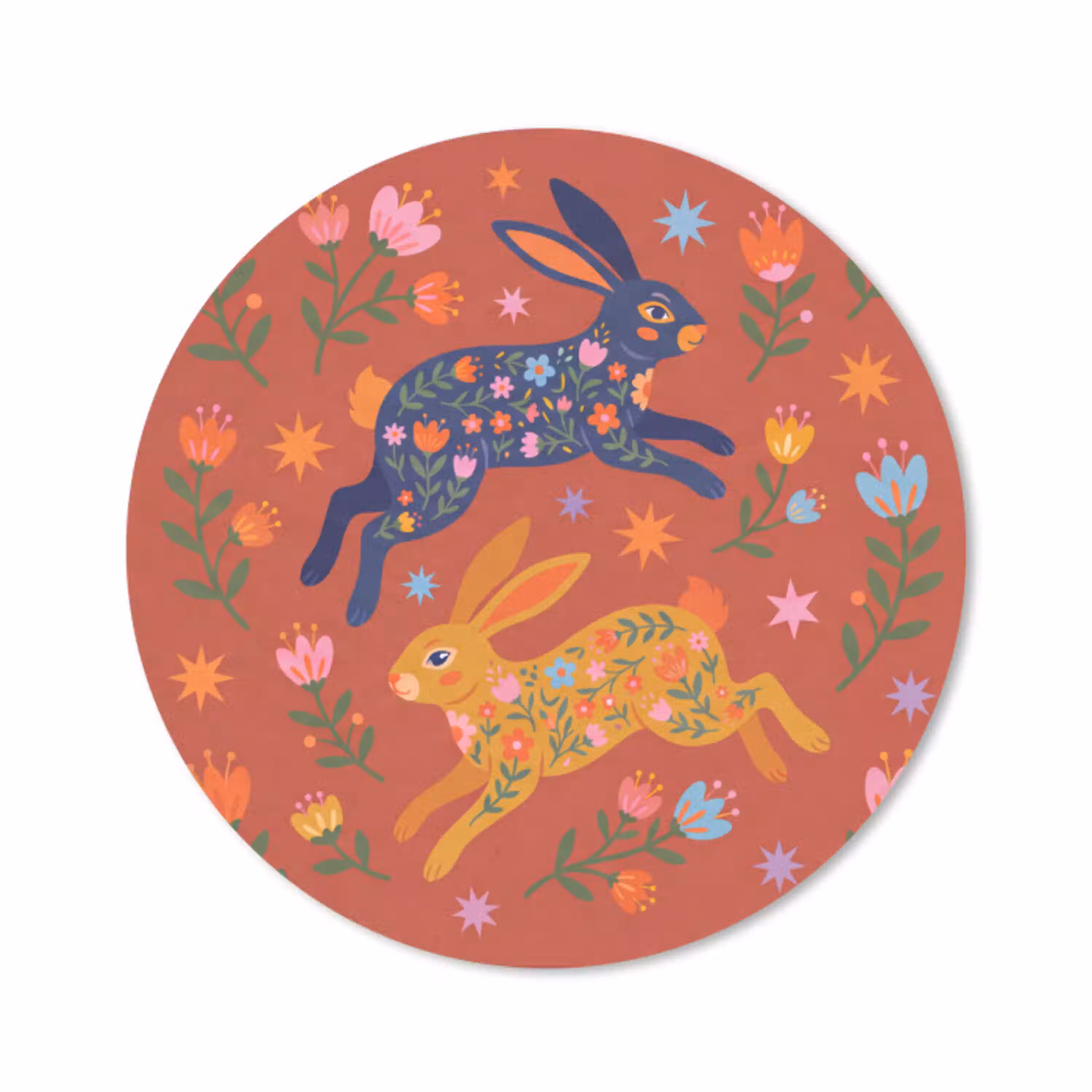 Konijn - Bloemen - Folk Art - Kleurrijk - Dieren Muismat rond klein -3d