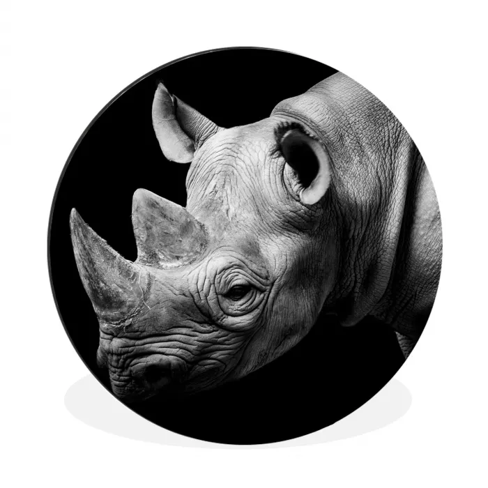 Dieren - Neushoorn - Zwart - Wit - Portret Wandcirkel aluminium klein -3d