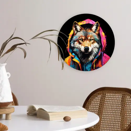 Graffiti - Wolf - Jas - Zwart Wandcirkel kunststof plaat 5mm dik klein -sfeer4