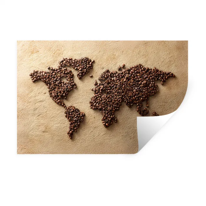 Wereldkaart - Zandkleur - Koffiebonen Muursticker klein -3d
