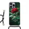 Roos - Bladeren - Dieprood Hoesje iPhone 16 Pro Max met koord klein -3d