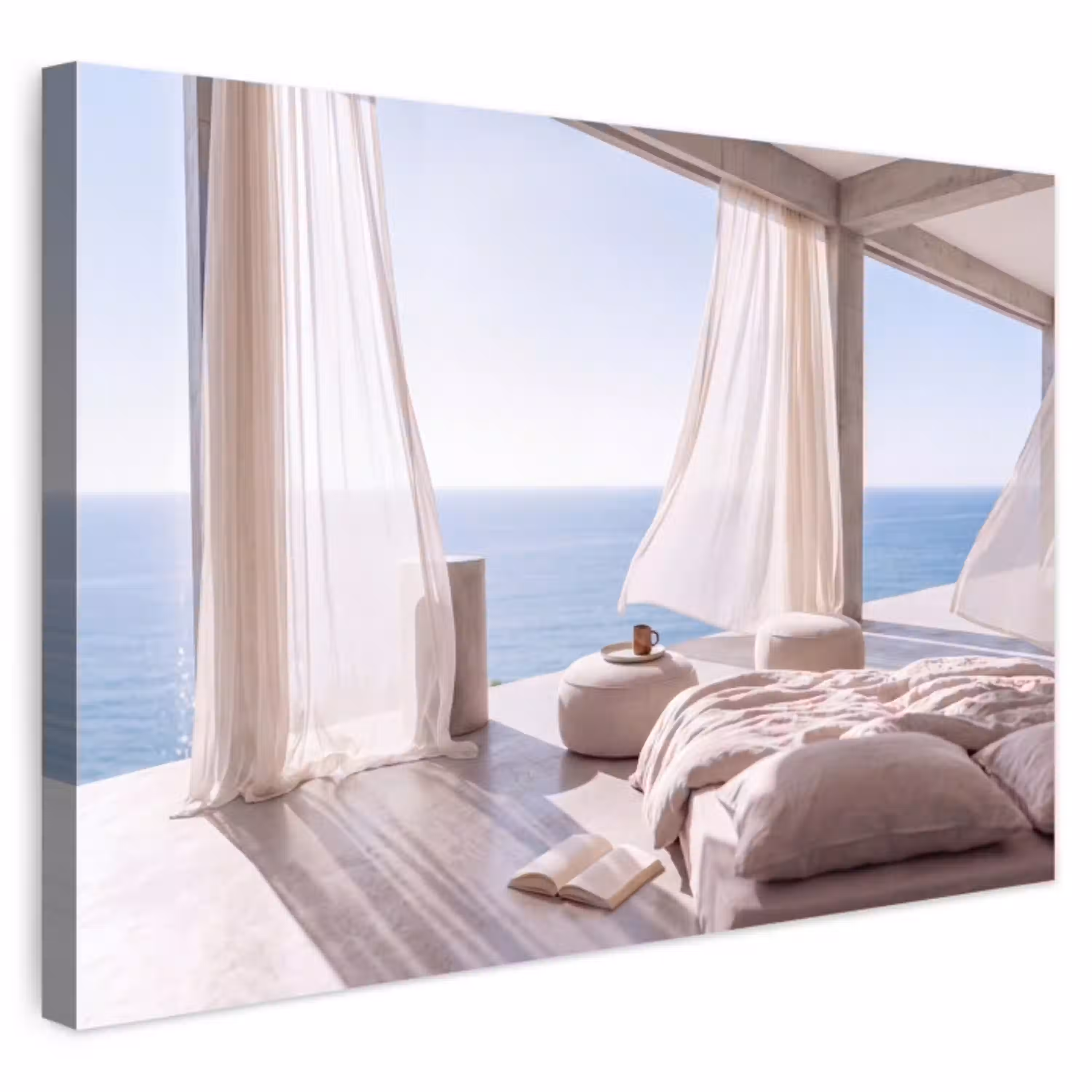 Interieur - Zeezicht - Modern - Rust - Beige Tuinposter op houten frame 2 cm dik klein -3d
