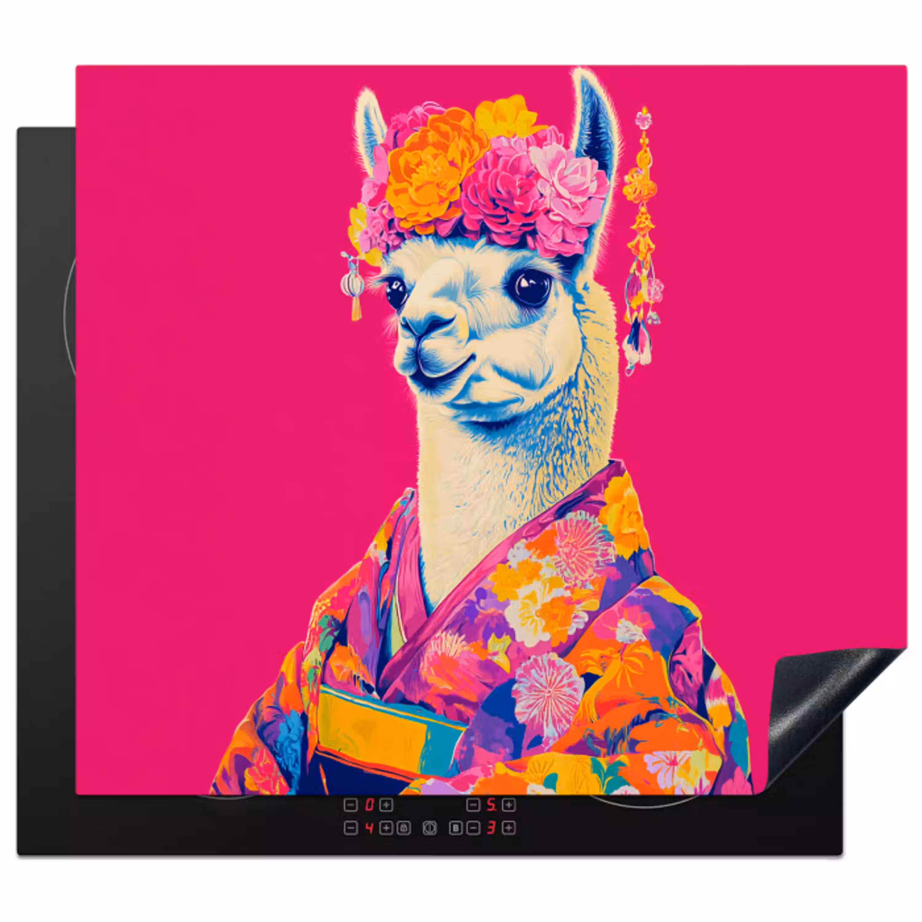 Lama - Kimono - Bloemenkrans - Felroze Inductie beschermer vinyl 3mm middel -3d