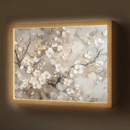 Bloemen - Wit - Goud - Beige  - Luxe Light Box met batterij (Wandlamp) middel -z3d_website