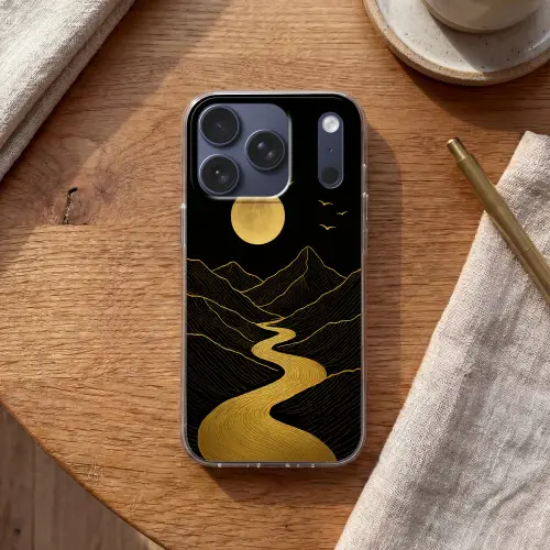Rivier - Goud - Maan - Vogels Telefoonhoesje iPhone 17 Pro klein -sfeer1