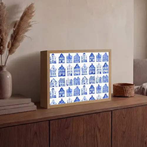 Patroon - Huizen - Blauw Light Box met batterij (Wandlamp) middel 907 -sfeer2