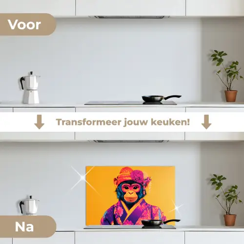 Aap - Kimono - Bloemen - Hoofdtooi keuken achterwand spatscherm klein -voor_na_NL