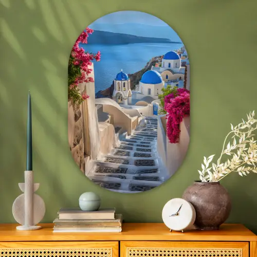 Santorini - Bloemen - Griekenland Wandcirkel Ovaal Glas middel -sfeer2