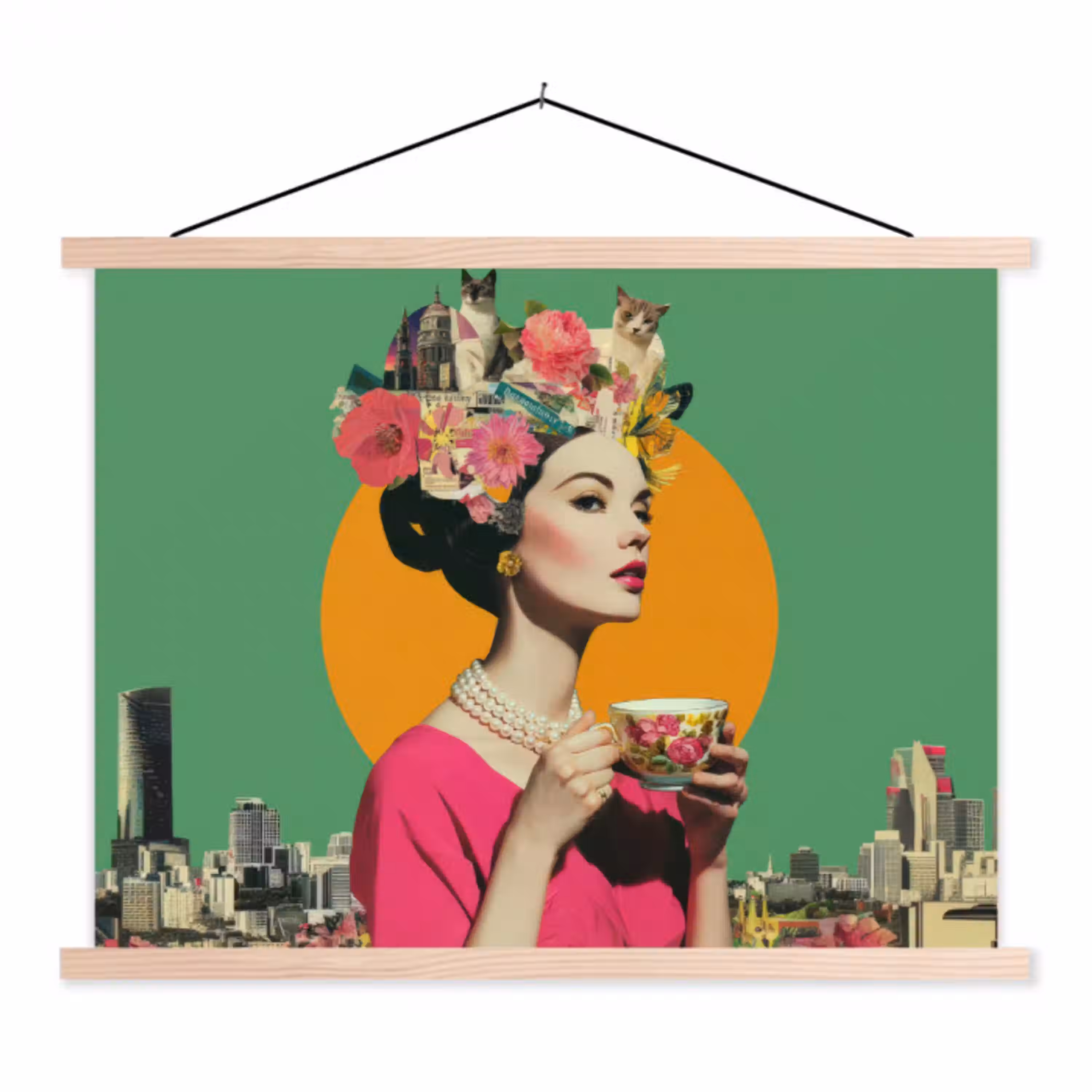Retro - Vrouw - Stad - Zon textielposter latten blank klein -3d
