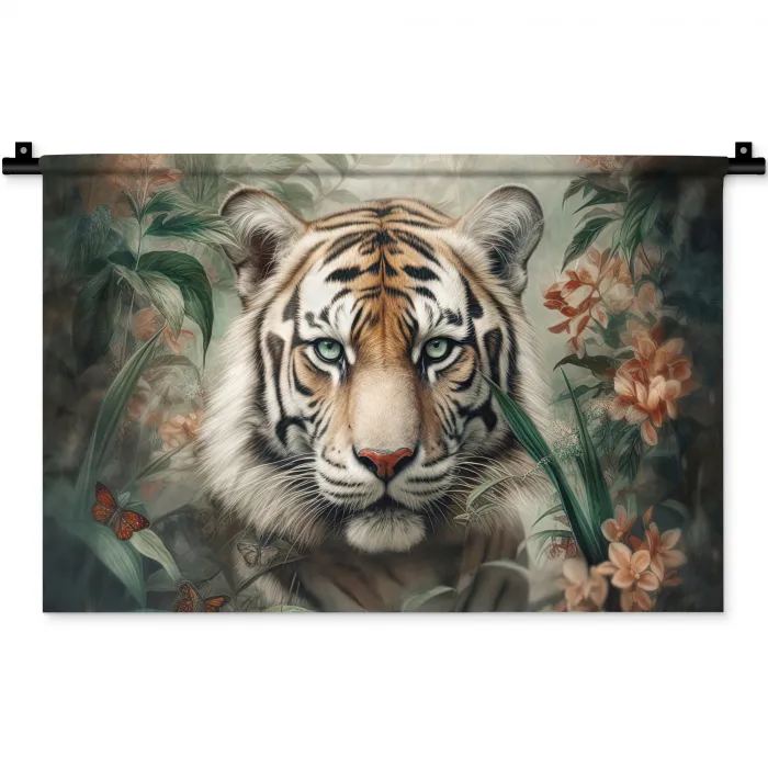 Tijger - Vlinders - Dieren - Jungle - Bloemen Wandkleed katoen klein -zz3d