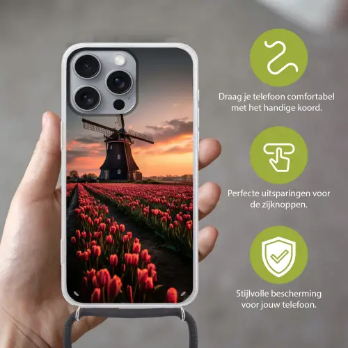 Molen - Zonsondergang - Tulpen - Rood Hoesje iPhone 16 Pro Max met koord klein -sfeer2_NL