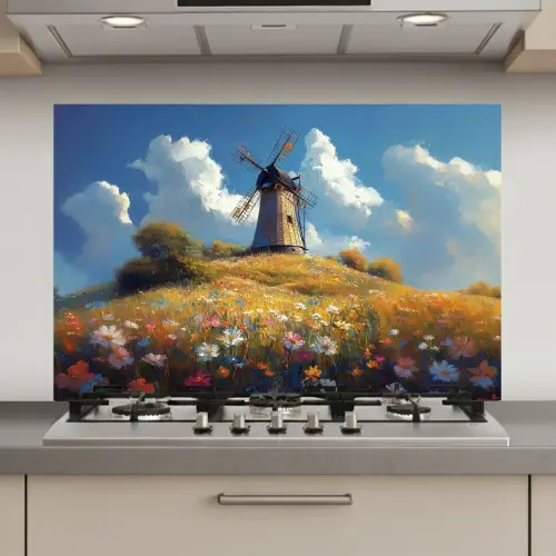 Windmolen - Heuvel - Bloemen - Kleurrijk keuken achterwand spatscherm klein -3d_website